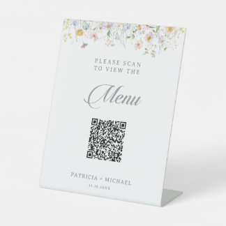 Whimsical Garden Wildflower QR-Code Hochzeitsmenü Sockelschild