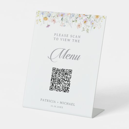 Whimsical Garden Wildflower QR-Code Hochzeitsmenü Sockelschild (Vorderseite)