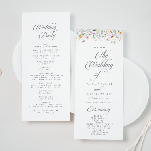 Whimsical Garden Wildflower Tea-Length Hochzeit Programm