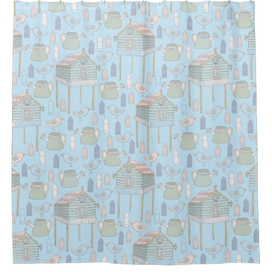 Whimsical Gardener Muster auf Blue Duschvorhang (Vorderseite)