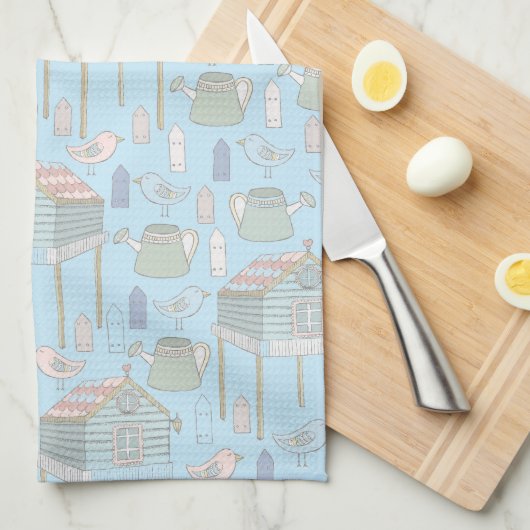 Whimsical Gardener Muster auf Blue Geschirrtuch (Viertel Falte)