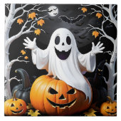 Whimsical Geist feiert Halloween bei einem Kürbis Fliese (Vorderseite)