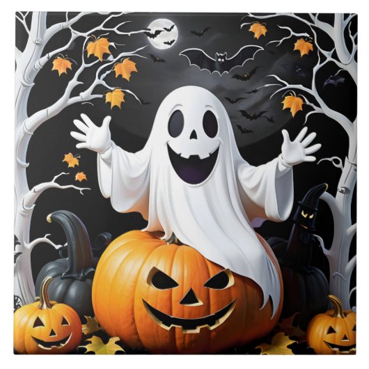 Whimsical Geist feiert Halloween bei einem Kürbis Fliese (Vorderseite)
