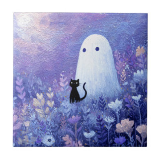 Whimsical Geist und Katze in Twilight Meadow Fliese