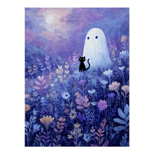 Whimsical Geist und Katze in Twilight Meadow Poster (Vorderseite)