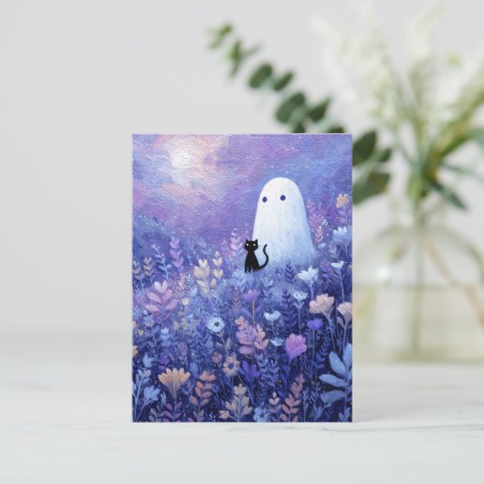 Whimsical Geist und Katze in Twilight Meadow Postkarte (Stehend Vorderseite)