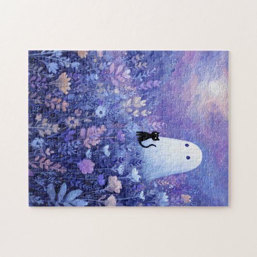 Whimsical Geist und Katze in Twilight Meadow Puzzle (Horizontal)