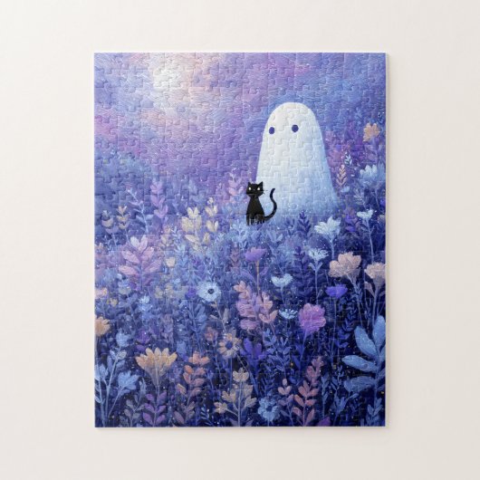 Whimsical Geist und Katze in Twilight Meadow Puzzle (Vertikal)
