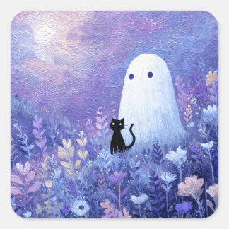 Whimsical Geist und Katze in Twilight Meadow Quadratischer Aufkleber