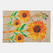 Whimsical Gelb Sonnenblumen und Bird Kittuch Geschirrtuch (Horizontal)