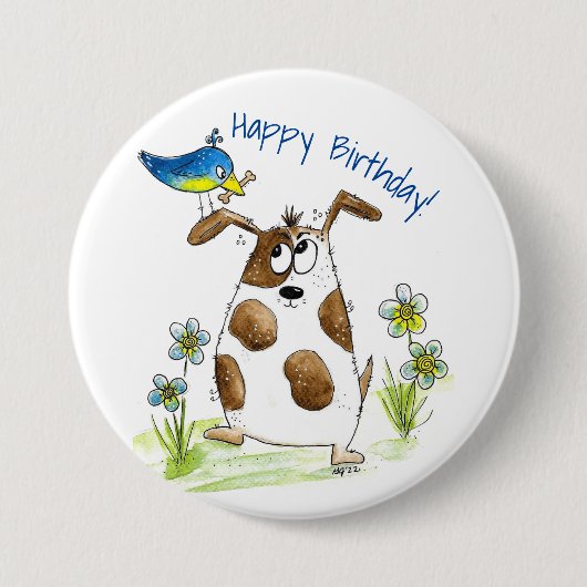 Whimsical Gepunktet Dog with Bird Button (Vorderseite)