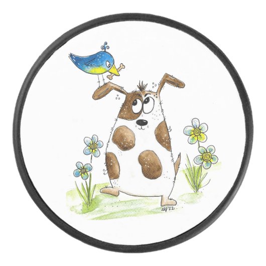 Whimsical Gepunktet Dog with Bird Eishockey Puck (Vorderseite)
