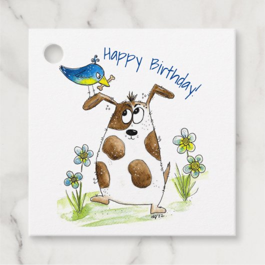 Whimsical Gepunktet Dog with Bird Geschenkanhänger (Vorderseite)
