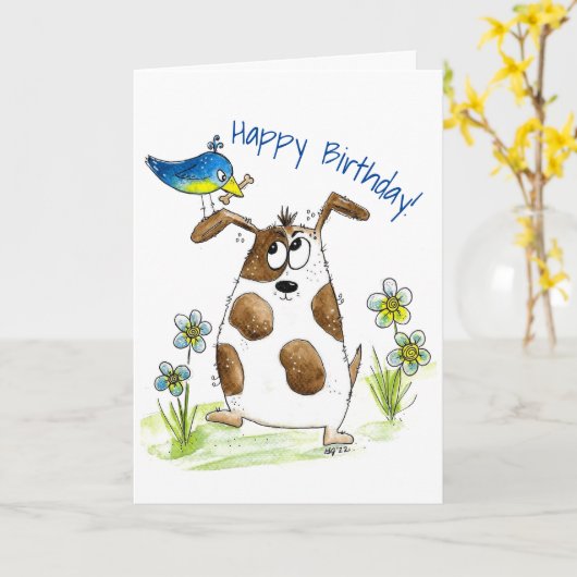 Whimsical Gepunktet Dog with Bird Karte (Gelbe Blume)