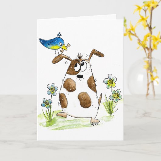 Whimsical Gepunktet Dog with Bird Karte (Gelbe Blume)