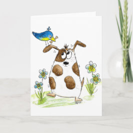 Whimsical Gepunktet Dog with Bird Karte