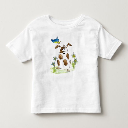 Whimsical Gepunktet Dog with Bird Kleinkind T-shirt (Vorderseite)