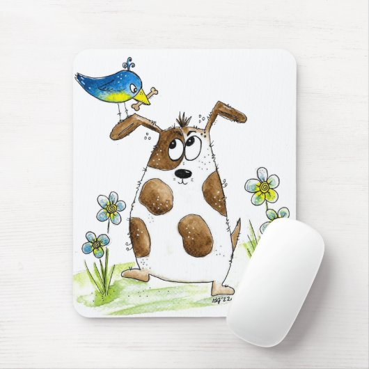 Whimsical Gepunktet Dog with Bird Mousepad (Mit Mouse)