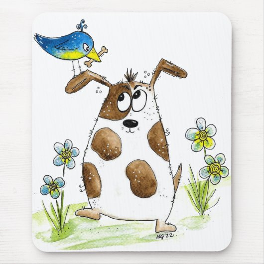 Whimsical Gepunktet Dog with Bird Mousepad (Vorne)