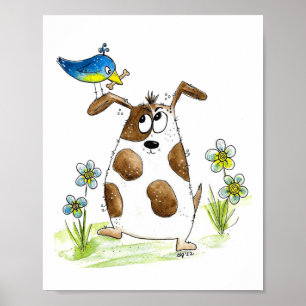 Whimsical Gepunktet Dog with Bird Poster