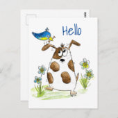 Whimsical Gepunktet Dog with Bird Postkarte (Vorne/Hinten)