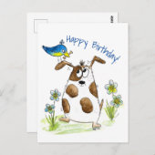 Whimsical Gepunktet Dog with Bird Postkarte (Vorne/Hinten)