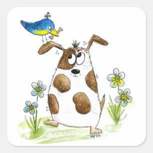 Whimsical Gepunktet Dog with Bird Quadratischer Aufkleber