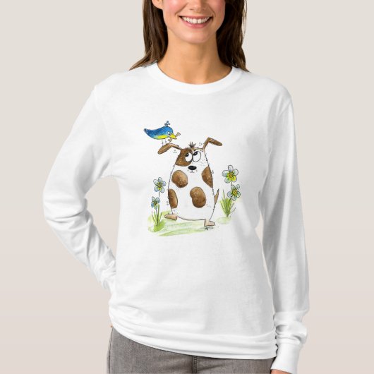 Whimsical Gepunktet Dog with Bird T-Shirt (Vorderseite)