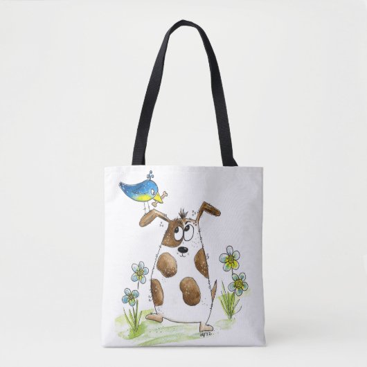 Whimsical Gepunktet Dog with Bird Tasche (Vorderseite)