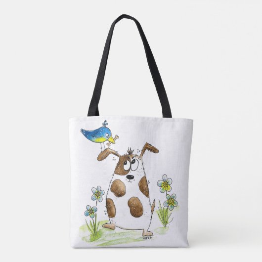 Whimsical Gepunktet Dog with Bird Tasche (Rückseite)