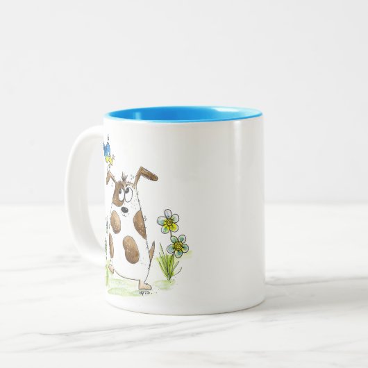 Whimsical Gepunktet Dog with Bird Zweifarbige Tasse (Vorderseite Links)