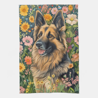 Whimsical German Shepherd in a Flower Garden Geschirrtuch