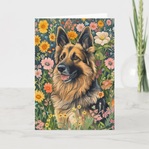 Whimsical German Shepherd in a Flower Garden Karte