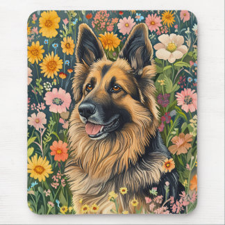 Whimsical German Shepherd in a Flower Garden Mousepad