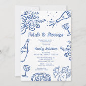 Whimsical Gezeichnet Blue Petal Prosecco Brautpart Einladung (Vorderseite)