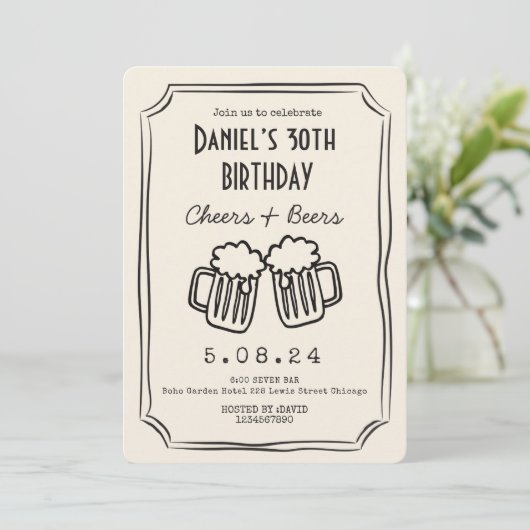 Whimsical gezeichnet Funky Cheers Beers 30. Geburt Einladung (Stehend Vorderseite)