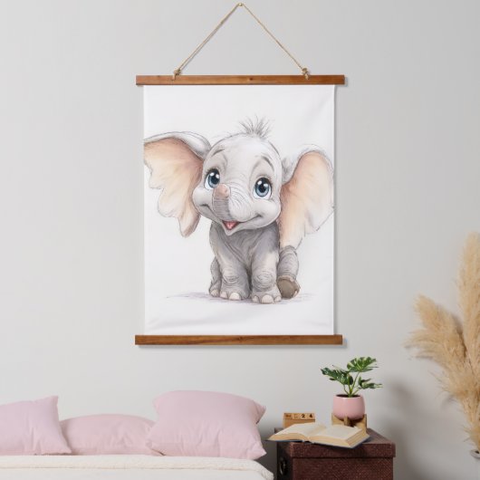 Whimsical Ghibli Inspiriert Baby Elephant Wandteppich Mit Holzrahmen (Schlafzimmer)