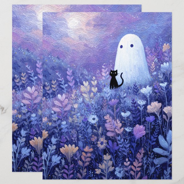 Whimsical Ghost and Cat in Meadow Scrapbook Paper (Vorne/Hinten)