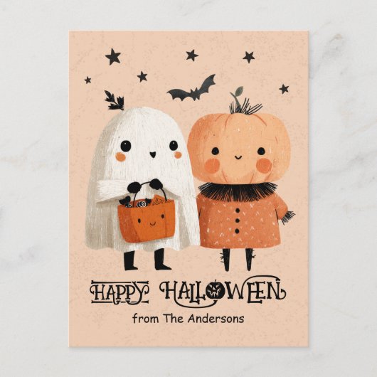 Whimsical Ghost& Pumpkin Niedlich Watercolor Hallo Postkarte (Vorderseite)
