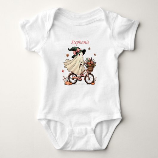 Whimsical Ghost Witch Reiten Fahrrad Baby Strampler (Vorderseite)