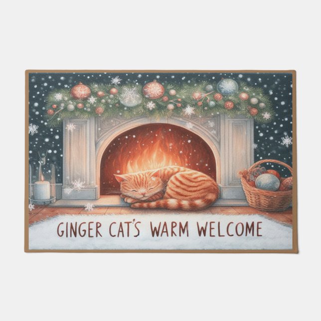 Whimsical Ginger Cat's Warm Welcome Christmas Fußmatte (Vorderseite)