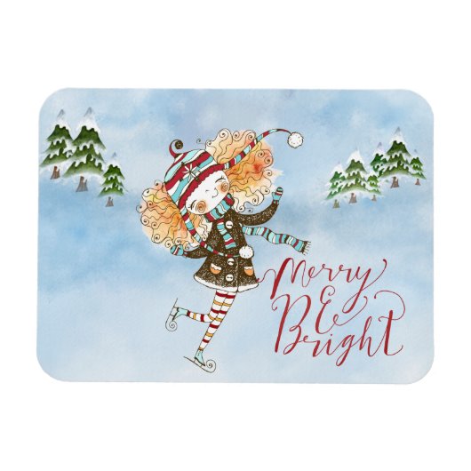 Whimsical Ginger Hair Ice Skater Holiday Magnet (Horizontal)