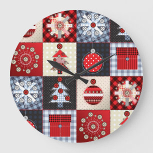 Whimsical Gingham Christmas Patchwork Qui Große Wanduhr