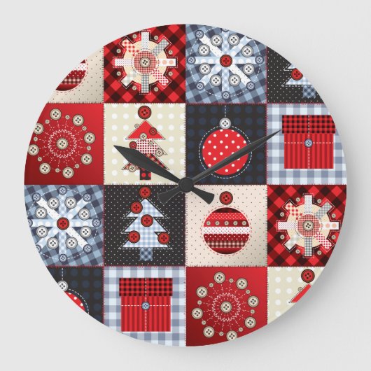 Whimsical Gingham Christmas Patchwork Qui Große Wanduhr (Vorderseite)