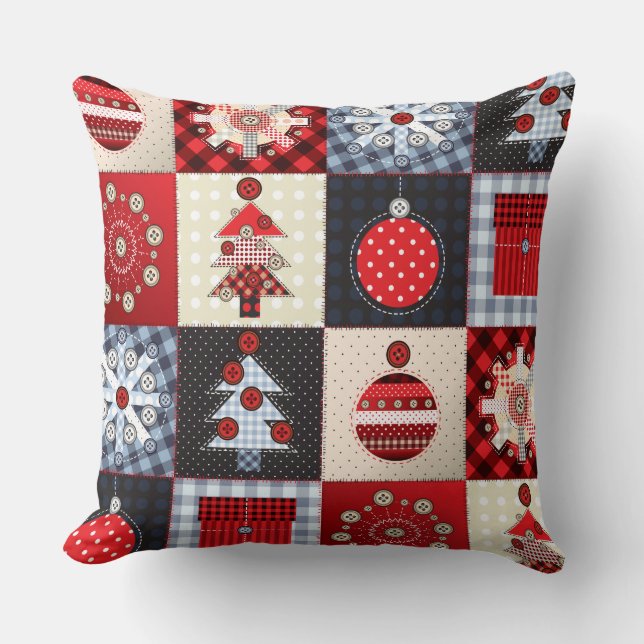 Whimsical Gingham Christmas Patchwork Quilt Kissen (Vorderseite)