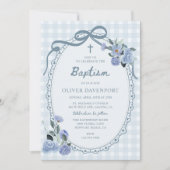 Whimsical Gingham Dusty Blue Floral Boy Baptism Einladung (Vorderseite)