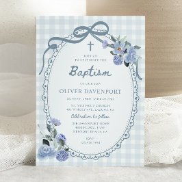 Whimsical Gingham Dusty Blue Floral Boy Baptism Einladung