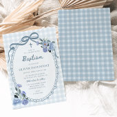 Whimsical Gingham Dusty Blue Floral Boy Baptism Einladung