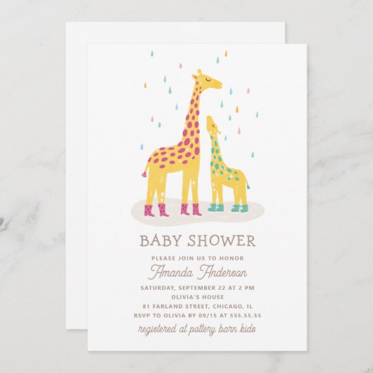 Whimsical Giraffe Baby Dusche | Farbenfrohe Regent Einladung (Vorne/Hinten)