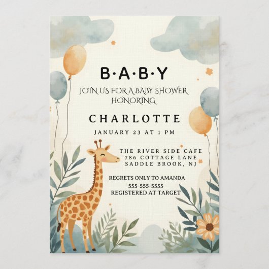 Whimsical Giraffe Baby Shower Einladung (Vorderseite)